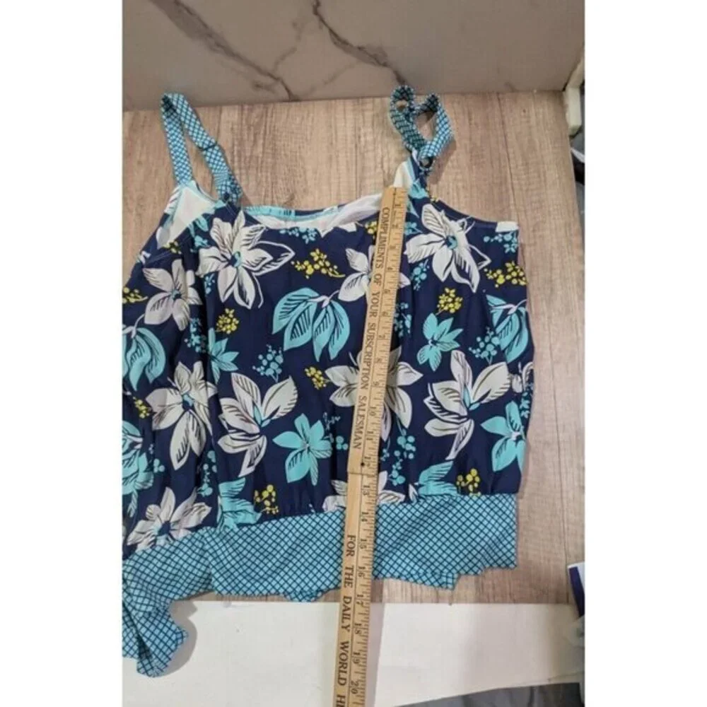 Beach House‎ Woman Floral Tankini Top Navy Blue Turquoise 22W HW12012
